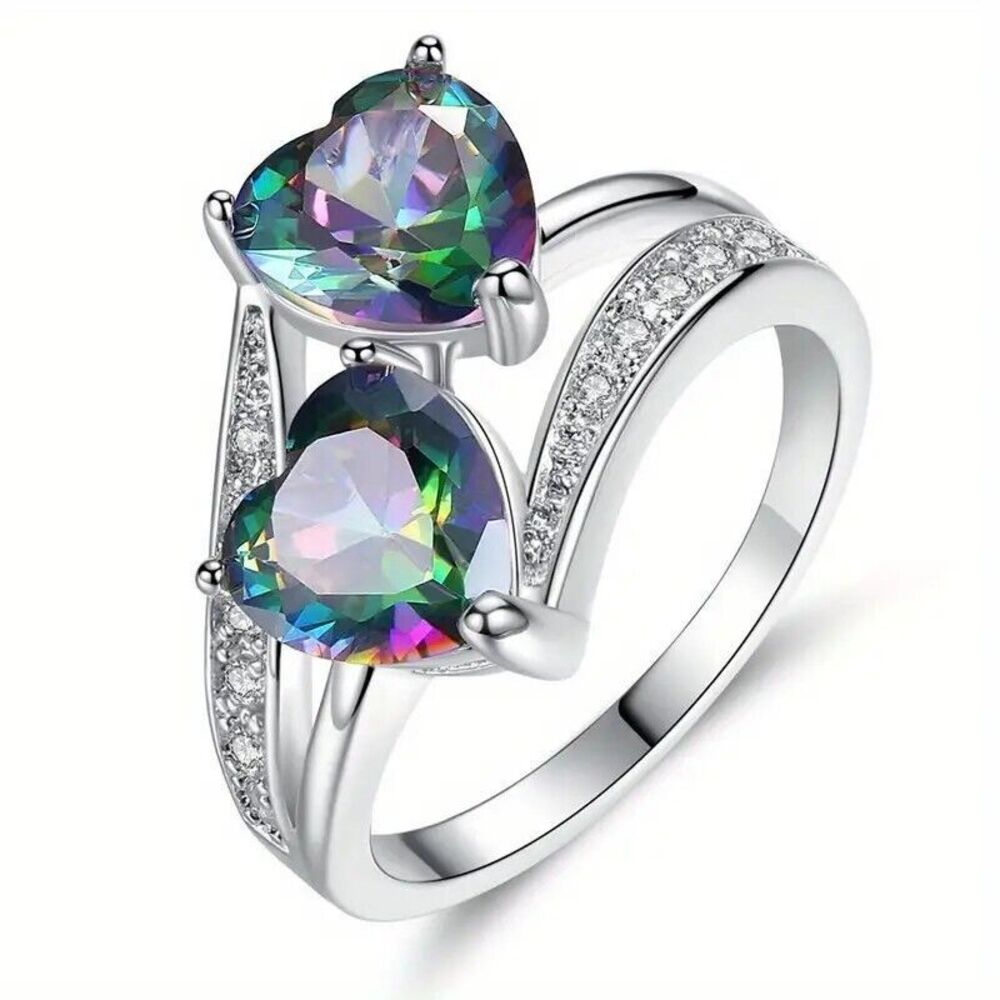 Beautiful Synthetic Rainbow Topaz Heart Ring, Size 7